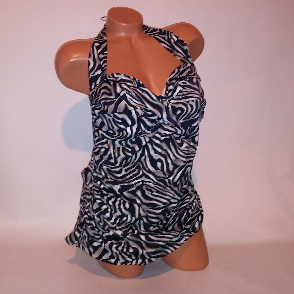 Upstream Swim Tankini Top 20W Animal Print Black Metallic Halter Wireless New